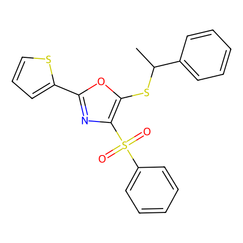 5-((1-Phenylethyl)thio)-4-(phenylsulfonyl)-2-(thiophen-2-yl)oxazole structure