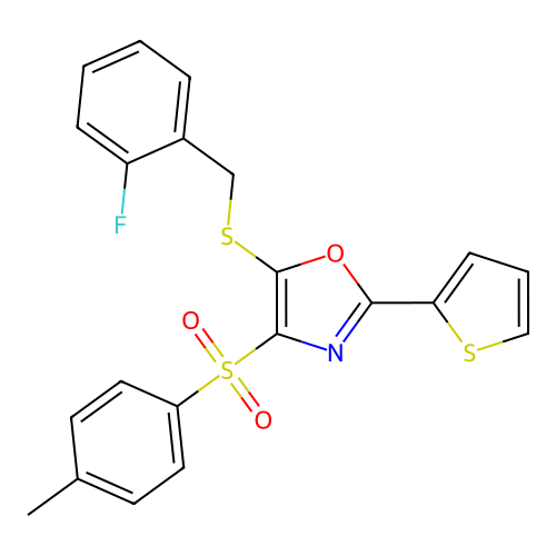 5-((2-Fluorobenzyl)thio)-2-(thiophen-2-yl)-4-tosyloxazole structure
