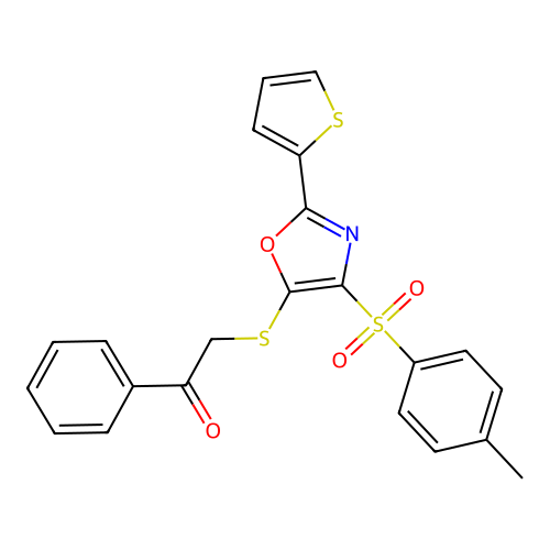 1-Phenyl-2-((2-(thiophen-2-yl)-4-tosyloxazol-5-yl)thio)ethanone structure