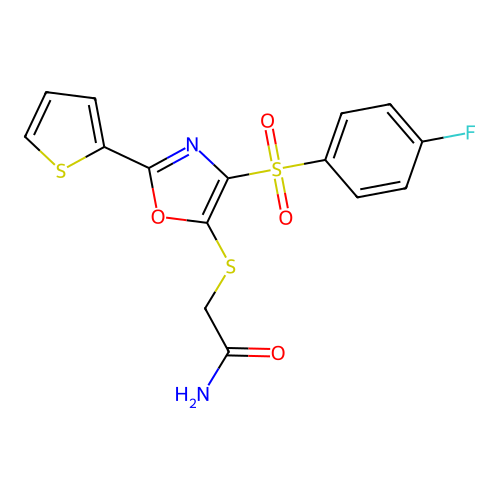 2-{4-[(4-Fluorophenyl)sulfonyl]-2-(2-thienyl)-1,3-oxazol-5-ylthio}acetamide structure