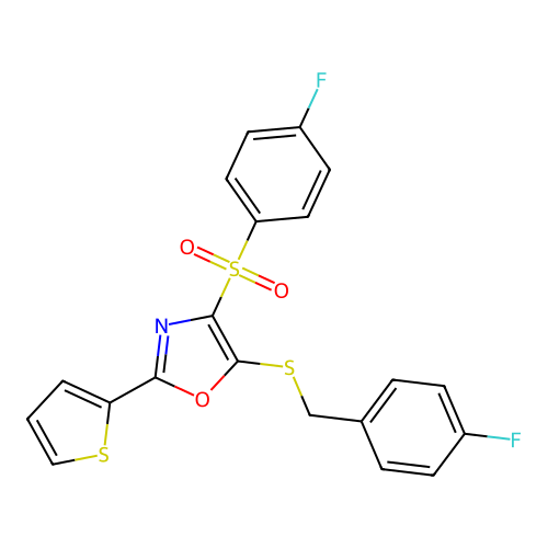 5-((4-Fluorobenzyl)thio)-4-((4-fluorophenyl)sulfonyl)-2-(thiophen-2-yl)oxazole structure