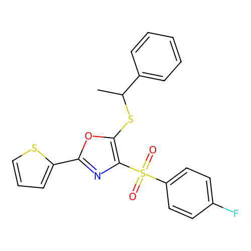 4-((4-Fluorophenyl)sulfonyl)-5-((1-phenylethyl)thio)-2-(thiophen-2-yl)oxazole structure