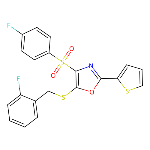 5-((2-Fluorobenzyl)thio)-4-((4-fluorophenyl)sulfonyl)-2-(thiophen-2-yl)oxazole structure