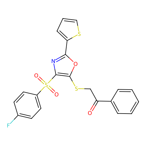 2-((4-((4-fluorophenyl)sulfonyl)-2-(thiophen-2-yl)oxazol-5-yl)thio)-1-phenylethanone structure