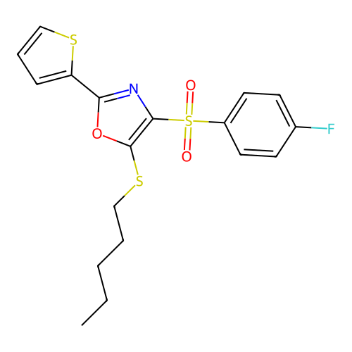 4-((4-Fluorophenyl)sulfonyl)-5-(pentylthio)-2-(thiophen-2-yl)oxazole structure