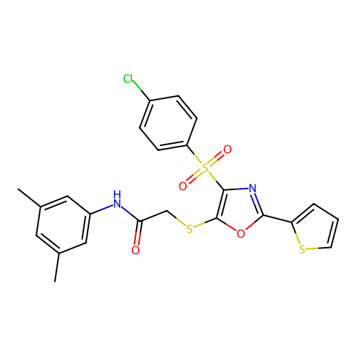 2-[[4-(4-chlorophenyl)sulfonyl-2-thiophen-2-yl-1,3-oxazol-5-yl]sulfanyl]-N-(3,5-dimethylphenyl)acetamide structure