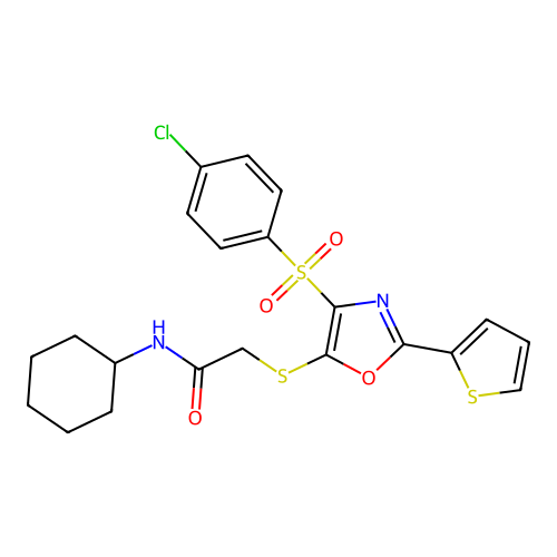 2-[[4-(4-chlorophenyl)sulfonyl-2-thiophen-2-yl-1,3-oxazol-5-yl]sulfanyl]-N-cyclohexylacetamide structure