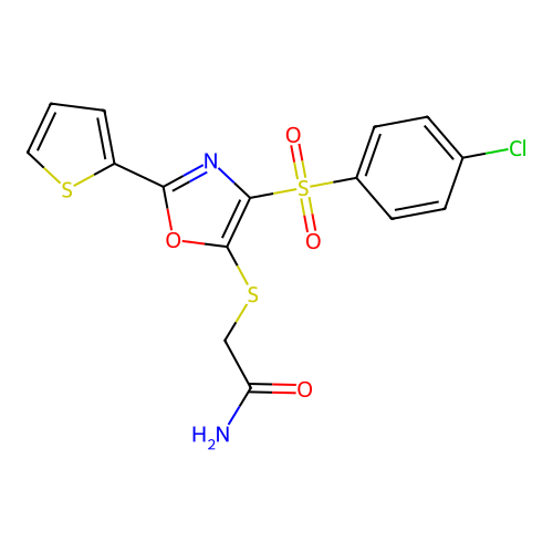2-{4-[(4-Chlorophenyl)sulfonyl]-2-(2-thienyl)-1,3-oxazol-5-ylthio}acetamide structure