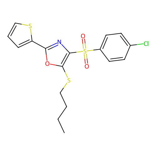 5-(Butylthio)-4-((4-chlorophenyl)sulfonyl)-2-(thiophen-2-yl)oxazole structure