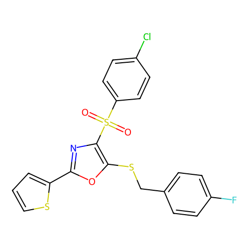 4-((4-Chlorophenyl)sulfonyl)-5-((4-fluorobenzyl)thio)-2-(thiophen-2-yl)oxazole structure
