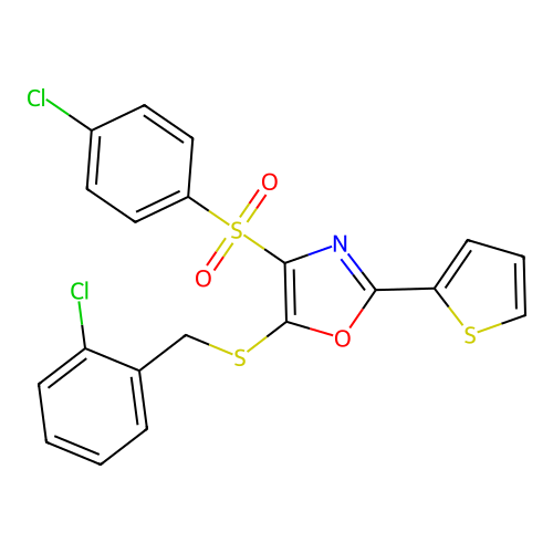 5-[(2-Chlorobenzyl)thio]-4-[(4-chlorophenyl)sulfonyl]-2-thien-2-yl-1,3-oxazole structure