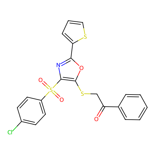 2-((4-((4-chlorophenyl)sulfonyl)-2-(thiophen-2-yl)oxazol-5-yl)thio)-1-phenylethanone structure