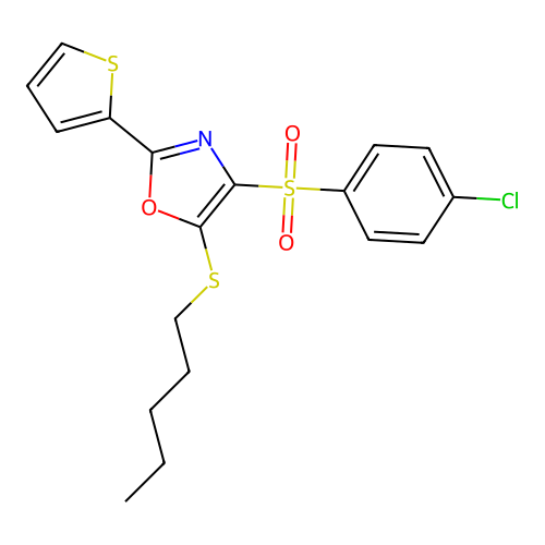 4-((4-Chlorophenyl)sulfonyl)-5-(pentylthio)-2-(thiophen-2-yl)oxazole structure