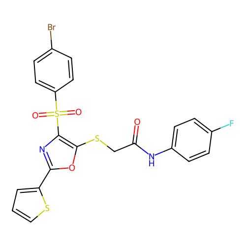 2-[[4-(4-bromophenyl)sulfonyl-2-thiophen-2-yl-1,3-oxazol-5-yl]sulfanyl]-N-(4-fluorophenyl)acetamide structure
