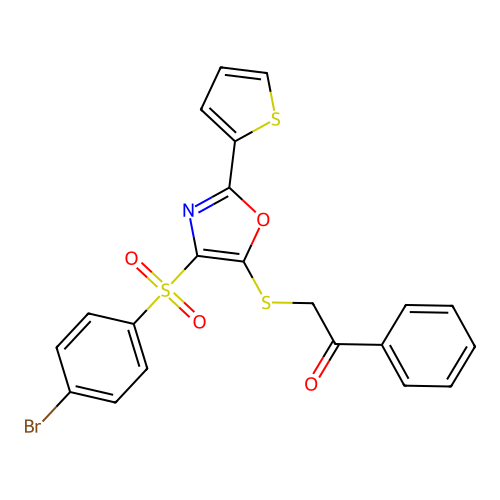 2-((4-((4-bromophenyl)sulfonyl)-2-(thiophen-2-yl)oxazol-5-yl)thio)-1-phenylethanone structure