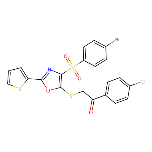 2-{[4-(4-bromobenzenesulfonyl)-2-(thiophen-2-yl)-1,3-oxazol-5-yl]sulfanyl}-1-(4-chlorophenyl)ethan-1-one structure