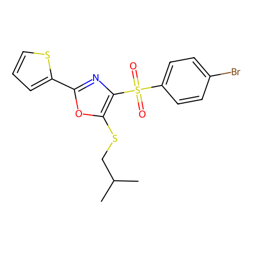 4-((4-Bromophenyl)sulfonyl)-5-(isobutylthio)-2-(thiophen-2-yl)oxazole structure