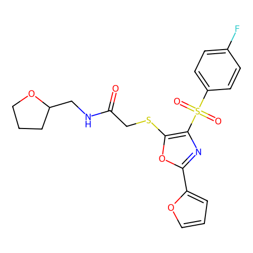 2-({4-[(4-fluorophenyl)sulfonyl]-2-(furan-2-yl)-1,3-oxazol-5-yl}sulfanyl)-N-(tetrahydrofuran-2-ylmethyl)acetamide structure