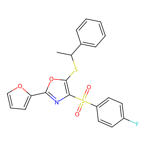 4-((4-Fluorophenyl)sulfonyl)-2-(furan-2-yl)-5-((1-phenylethyl)thio)oxazole structure