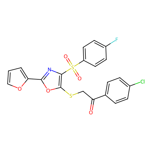 1-(4-chlorophenyl)-2-{[4-[(4-fluorophenyl)sulfonyl]-2-(2-furyl)-1,3-oxazol-5-yl]thio}ethanone structure
