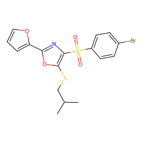 4-(4-bromobenzenesulfonyl)-2-(furan-2-yl)-5-[(2-methylpropyl)sulfanyl]-1,3-oxazole structure