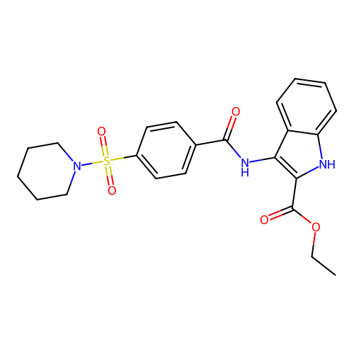 ethyl 3-(4-(piperidin-1-ylsulfonyl)benzamido)-1H-indole-2-carboxylate structure