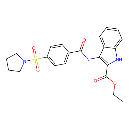 ethyl 3-(4-(pyrrolidin-1-ylsulfonyl)benzamido)-1H-indole-2-carboxylate structure