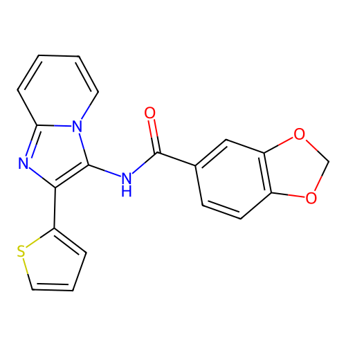 N-(2-thiophen-2-ylimidazo[1,2-a]pyridin-3-yl)-1,3-benzodioxole-5-carboxamide structure