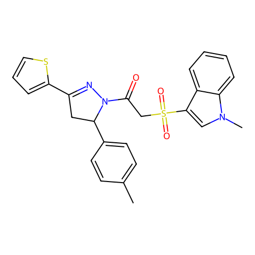 2-(1-methylindol-3-yl)sulfonyl-1-[3-(4-methylphenyl)-5-thiophen-2-yl-3,4-dihydropyrazol-2-yl]ethanone structure