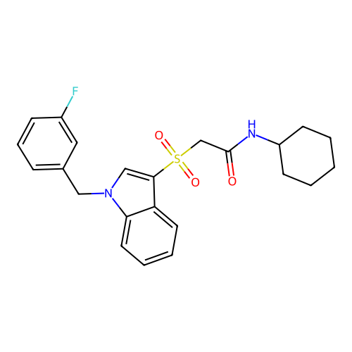 N-cyclohexyl-2-[1-[(3-fluorophenyl)methyl]indol-3-yl]sulfonylacetamide structure