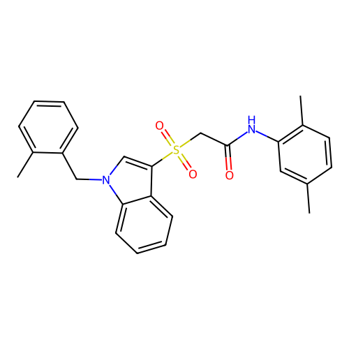 N-(2,5-dimethylphenyl)-2-[1-[(2-methylphenyl)methyl]indol-3-yl]sulfonylacetamide structure