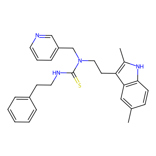 3-[2-(2,5-dimethyl-1H-indol-3-yl)ethyl]-1-(2-phenylethyl)-3-[(pyridin-3-yl)methyl]thiourea structure