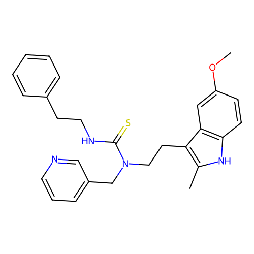 3-[2-(5-methoxy-2-methyl-1H-indol-3-yl)ethyl]-1-(2-phenylethyl)-3-[(pyridin-3-yl)methyl]thiourea structure