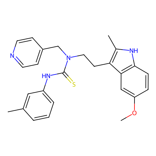 1-[2-(5-methoxy-2-methyl-1H-indol-3-yl)ethyl]-3-(3-methylphenyl)-1-[(pyridin-4-yl)methyl]thiourea structure