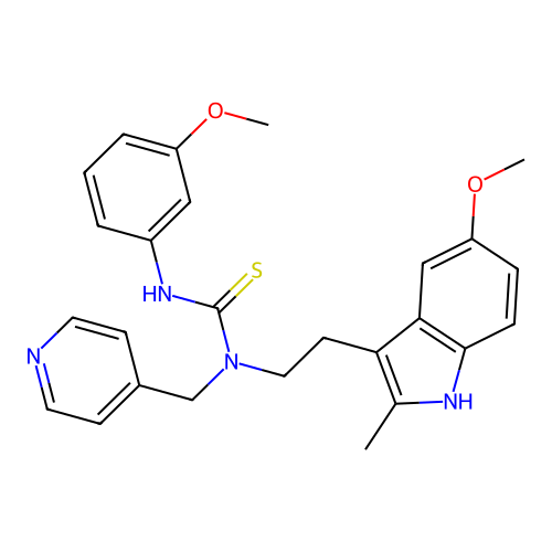 1-[2-(5-methoxy-2-methyl-1H-indol-3-yl)ethyl]-3-(3-methoxyphenyl)-1-[(pyridin-4-yl)methyl]thiourea structure