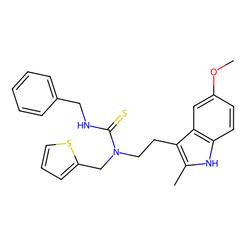 1-benzyl-3-[2-(5-methoxy-2-methyl-1H-indol-3-yl)ethyl]-3-[(thiophen-2-yl)methyl]thiourea structure