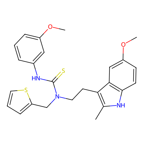 3-[2-(5-methoxy-2-methyl-1H-indol-3-yl)ethyl]-1-(3-methoxyphenyl)-3-[(thiophen-2-yl)methyl]thiourea structure