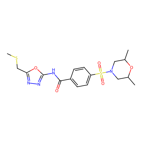 4-((2,6-dimethylmorpholino)sulfonyl)-N-(5-((methylthio)methyl)-1,3,4-oxadiazol-2-yl)benzamide structure