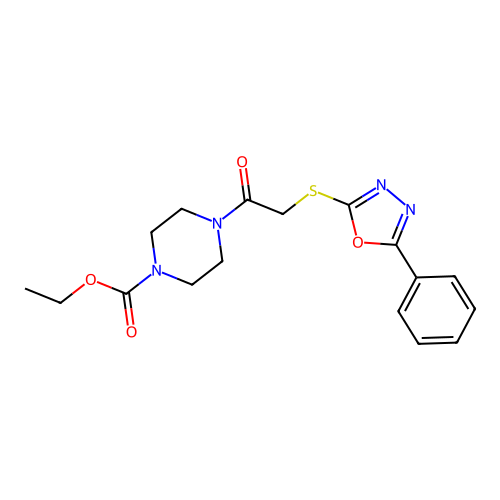Ethyl 4-(2-((5-phenyl-1,3,4-oxadiazol-2-yl)thio)acetyl)piperazine-1-carboxylate structure