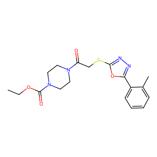 ethyl 4-(2-((5-(o-tolyl)-1,3,4-oxadiazol-2-yl)thio)acetyl)piperazine-1-carboxylate structure