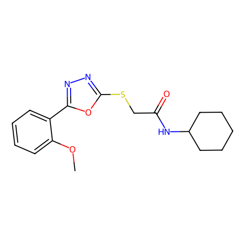 N-cyclohexyl-2-[[5-(2-methoxyphenyl)-1,3,4-oxadiazol-2-yl]sulfanyl]acetamide structure