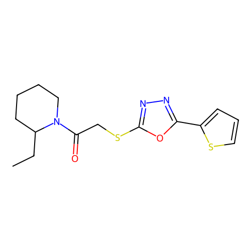 2-Ethyl-1-{[(5-thien-2-yl-1,3,4-oxadiazol-2-yl)thio]acetyl}piperidine structure