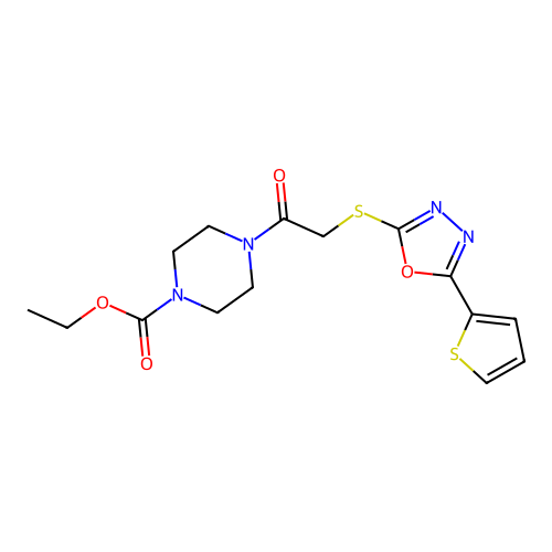 ethyl 4-(2-((5-(thiophen-2-yl)-1,3,4-oxadiazol-2-yl)thio)acetyl)piperazine-1-carboxylate structure