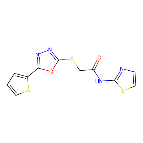 N-(thiazol-2-yl)-2-((5-(thiophen-2-yl)-1,3,4-oxadiazol-2-yl)thio)acetamide structure