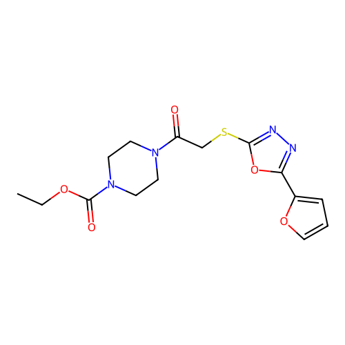 ethyl 4-(2-{[5-(furan-2-yl)-1,3,4-oxadiazol-2-yl]sulfanyl}acetyl)piperazine-1-carboxylate structure