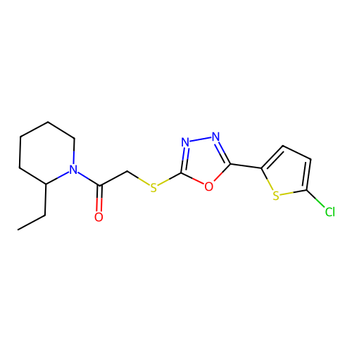 1-({[5-(5-Chlorothien-2-yl)-1,3,4-oxadiazol-2-yl]thio}acetyl)-2-ethylpiperidine structure