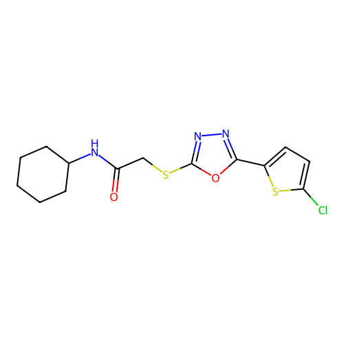 2-((5-(5-chlorothiophen-2-yl)-1,3,4-oxadiazol-2-yl)thio)-N-cyclohexylacetamide structure