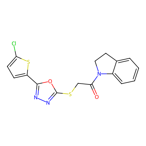 2-((5-(5-chlorothiophen-2-yl)-1,3,4-oxadiazol-2-yl)thio)-1-(indolin-1-yl)ethanone structure