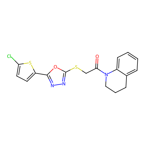 2-{[5-(5-chlorothiophen-2-yl)-1,3,4-oxadiazol-2-yl]sulfanyl}-1-(1,2,3,4-tetrahydroquinolin-1-yl)ethan-1-one structure