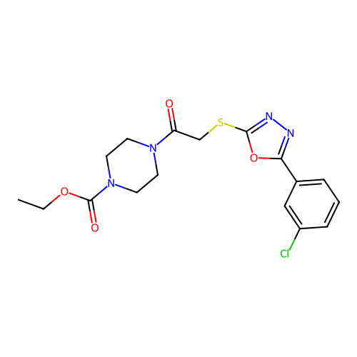 ethyl 4-(2-((5-(3-chlorophenyl)-1,3,4-oxadiazol-2-yl)thio)acetyl)piperazine-1-carboxylate structure